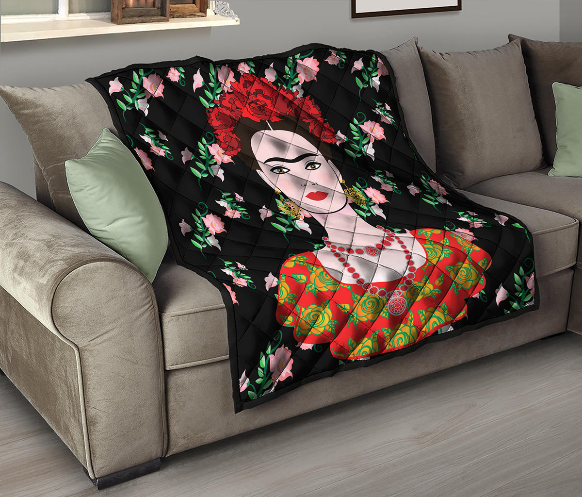 Frida Kahlo And Pink Flower Print Quilt