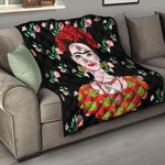 Frida Kahlo And Pink Flower Print Quilt
