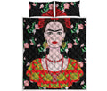 Frida Kahlo And Pink Flower Print Quilt Bed Set