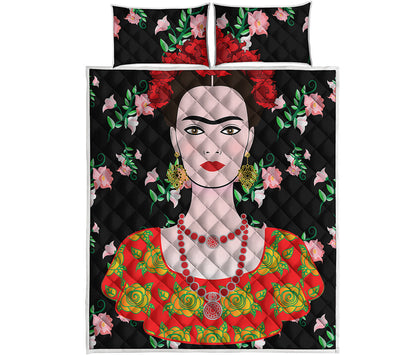 Frida Kahlo And Pink Flower Print Quilt Bed Set