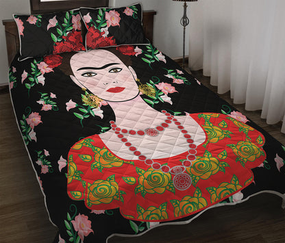 Frida Kahlo And Pink Flower Print Quilt Bed Set