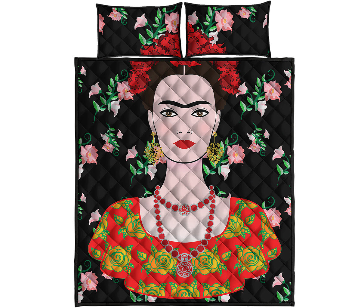Frida Kahlo And Pink Flower Print Quilt Bed Set