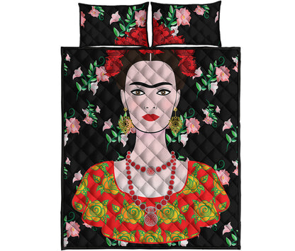 Frida Kahlo And Pink Flower Print Quilt Bed Set