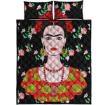 Frida Kahlo And Pink Flower Print Quilt Bed Set