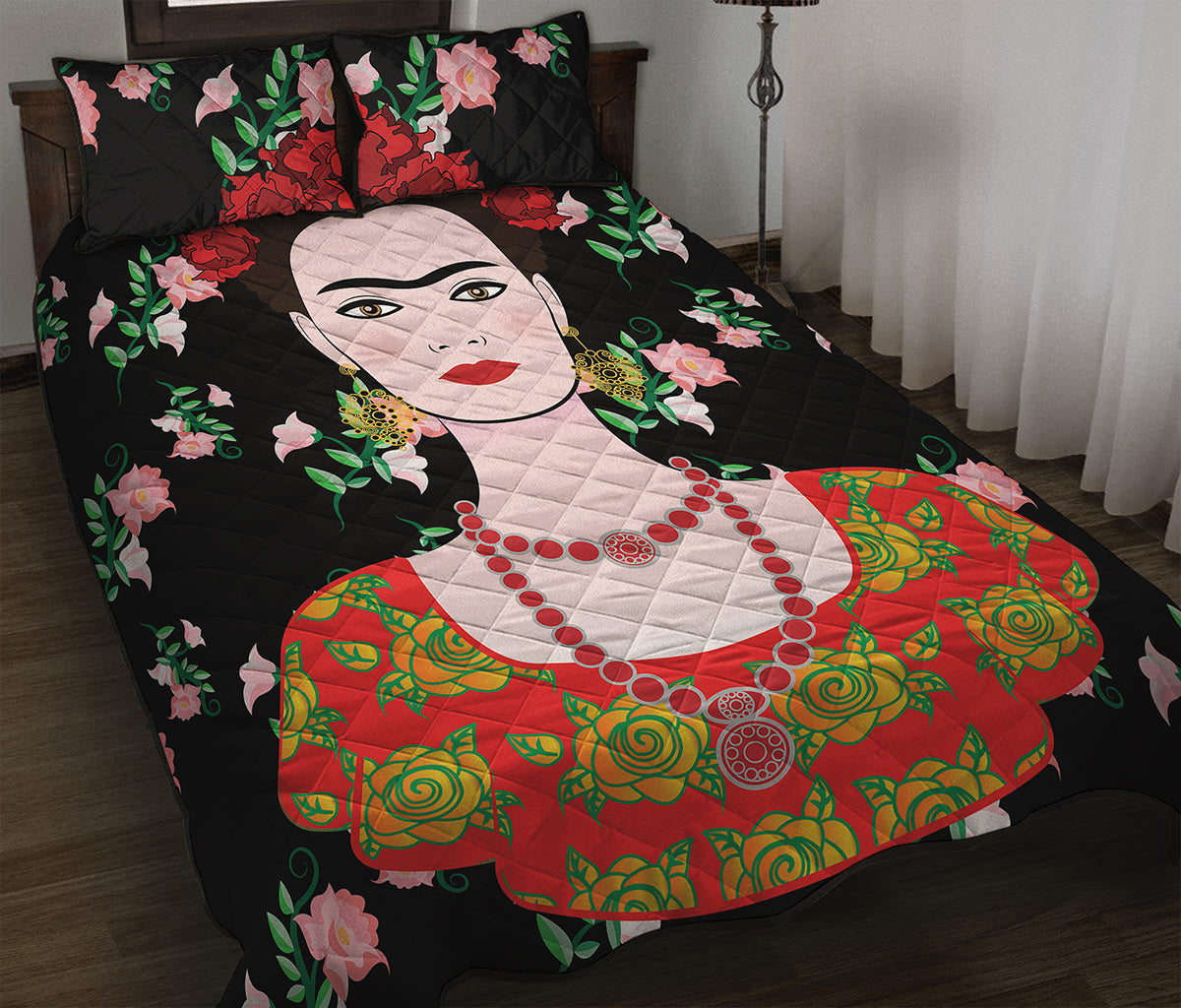 Frida Kahlo And Pink Flower Print Quilt Bed Set