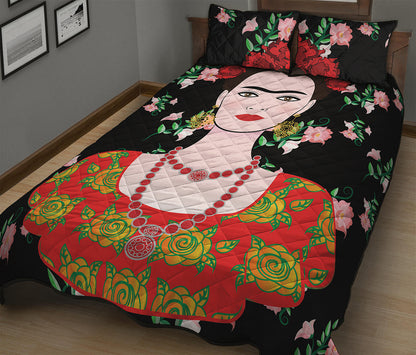 Frida Kahlo And Pink Flower Print Quilt Bed Set