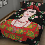 Frida Kahlo And Pink Flower Print Quilt Bed Set