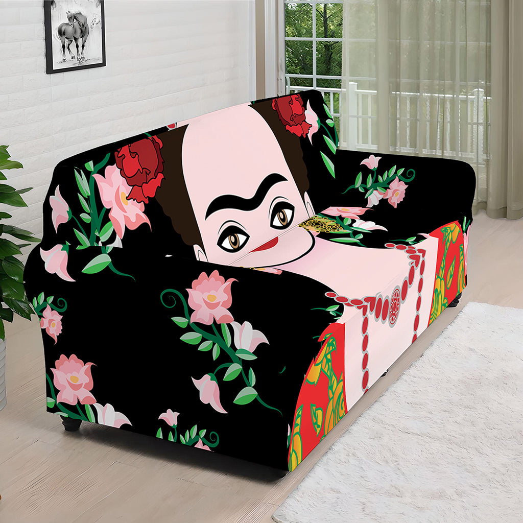 Frida Kahlo And Pink Flower Print Sofa Cover