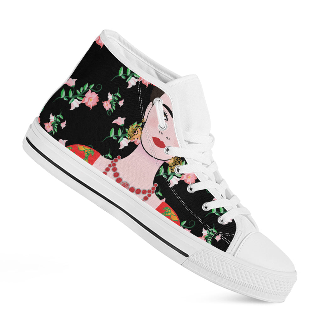 Frida Kahlo And Pink Flower Print White High Top Shoes