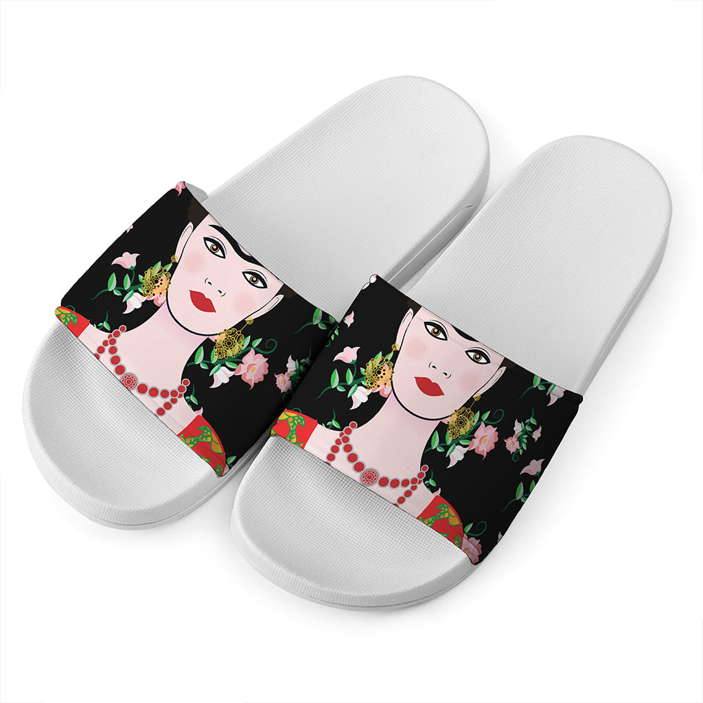 Frida Kahlo And Pink Flower Print White Slide Sandals