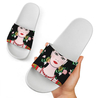 Frida Kahlo And Pink Flower Print White Slide Sandals