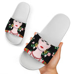Frida Kahlo And Pink Flower Print White Slide Sandals