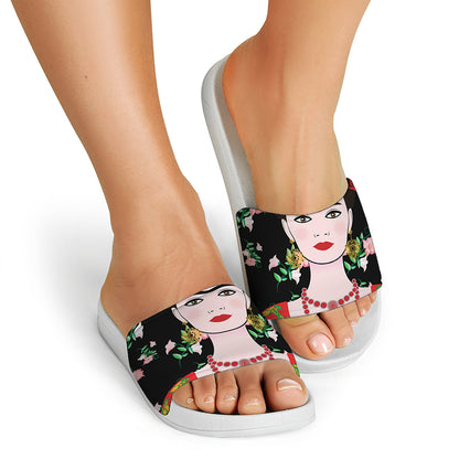 Frida Kahlo And Pink Flower Print White Slide Sandals
