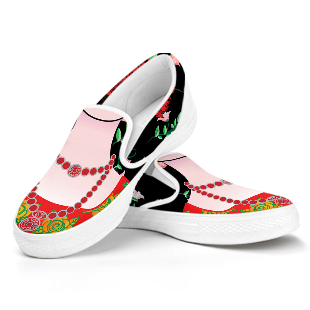 Frida Kahlo And Pink Flower Print White Slip On Shoes