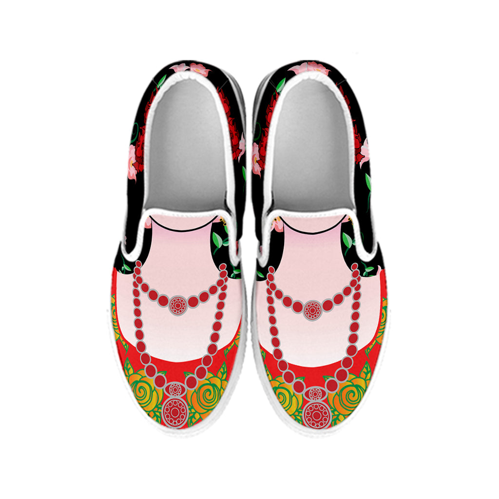 Frida Kahlo And Pink Flower Print White Slip On Shoes