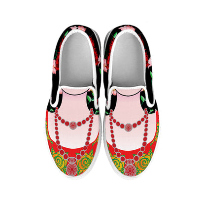 Frida Kahlo And Pink Flower Print White Slip On Shoes