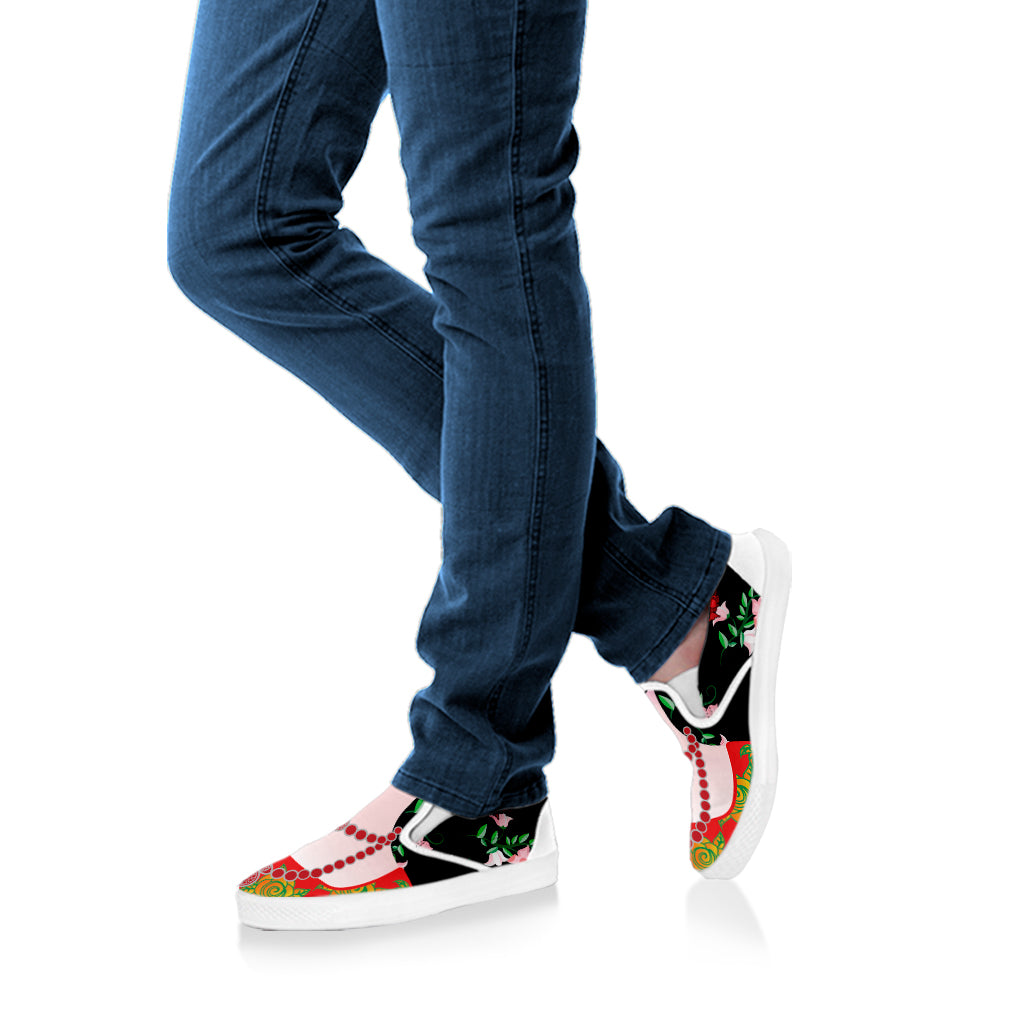Frida Kahlo And Pink Flower Print White Slip On Shoes