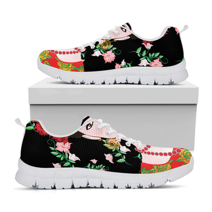Frida Kahlo And Pink Flower Print White Sneakers