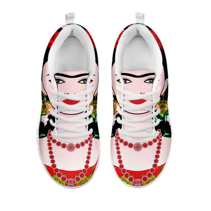 Frida Kahlo And Pink Flower Print White Sneakers