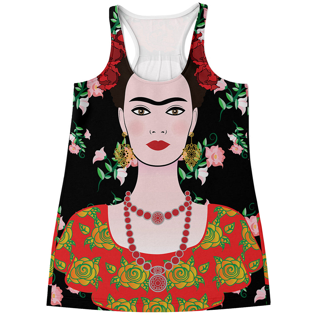 Frida Kahlo And Pink Flower Print Women's Racerback Tank Top