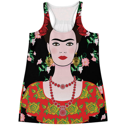 Frida Kahlo And Pink Flower Print Women's Racerback Tank Top