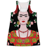 Frida Kahlo And Pink Flower Print Women's Racerback Tank Top