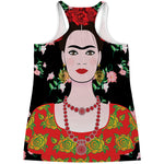 Frida Kahlo And Pink Flower Print Women's Racerback Tank Top