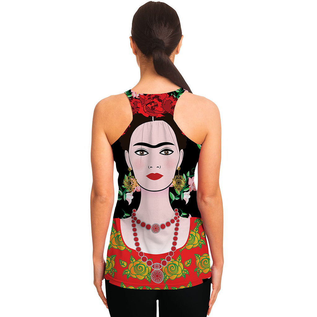 Frida Kahlo And Pink Flower Print Women's Racerback Tank Top