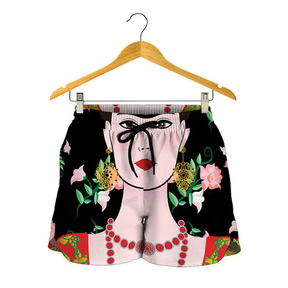 Frida Kahlo And Pink Flower Print Women's Shorts