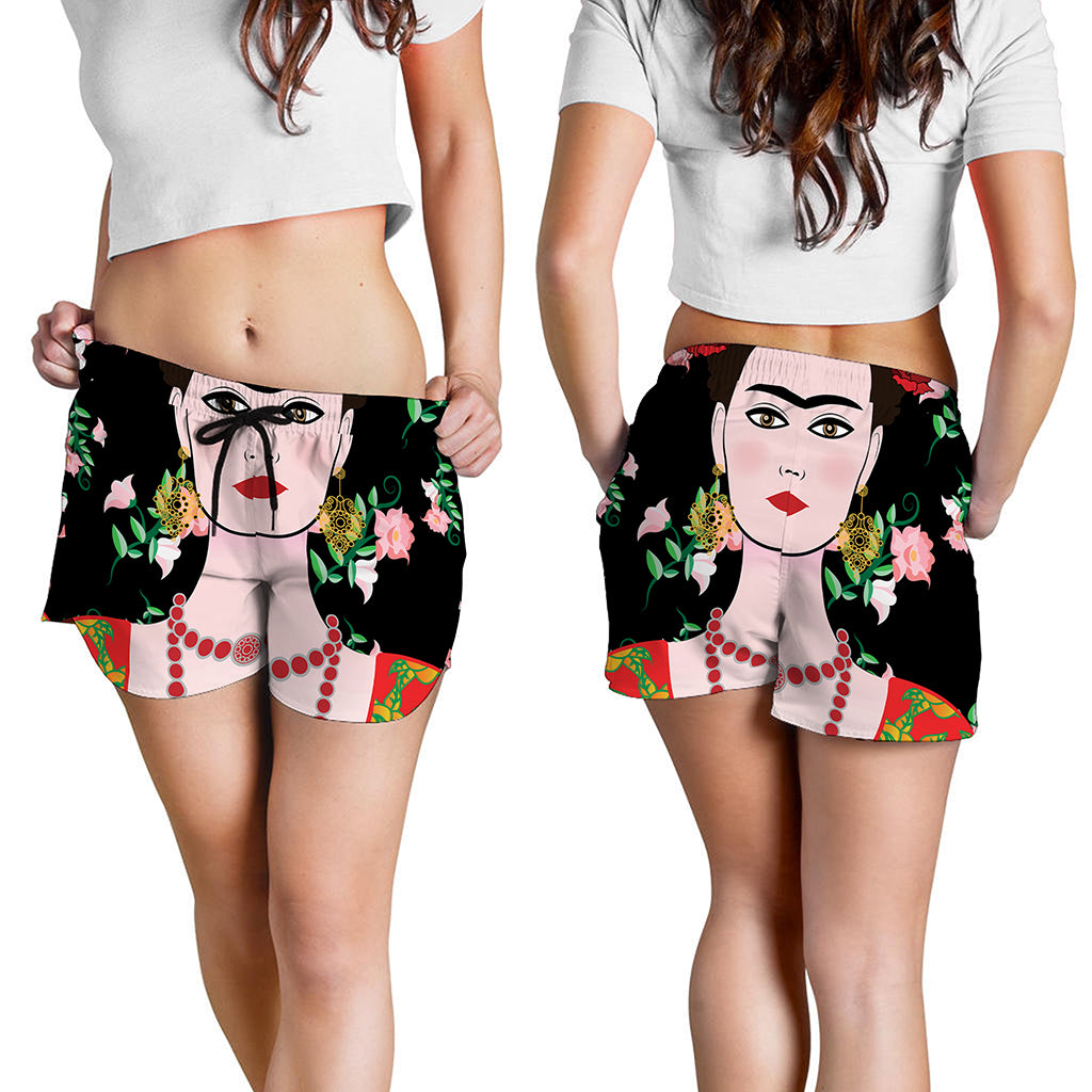 Frida Kahlo And Pink Flower Print Women's Shorts