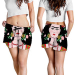 Frida Kahlo And Pink Flower Print Women's Shorts