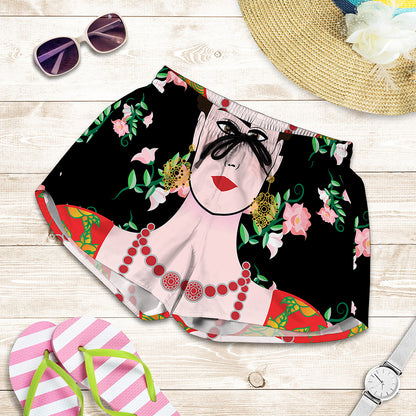 Frida Kahlo And Pink Flower Print Women's Shorts