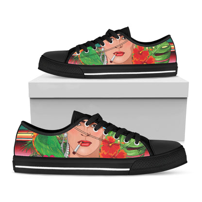 Frida Kahlo Serape Print Black Low Top Shoes 
