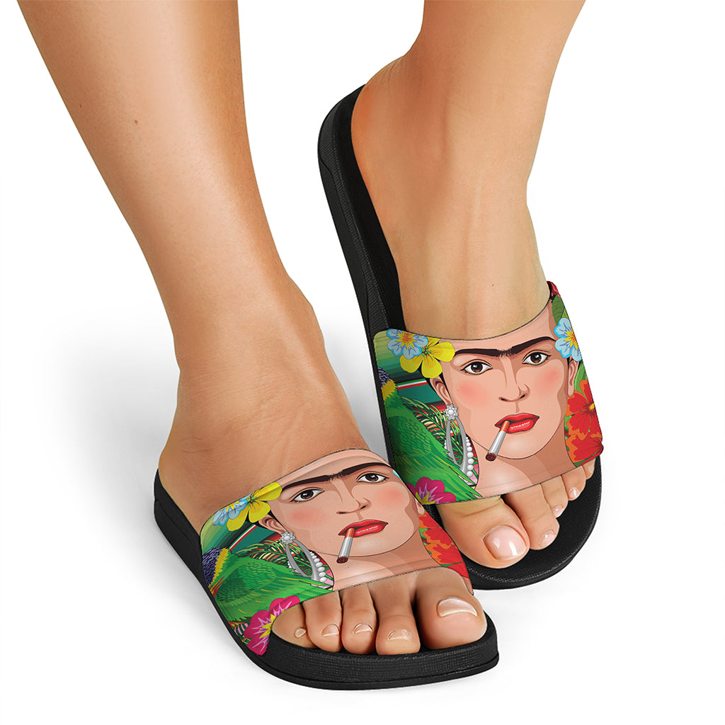 Frida Kahlo Serape Print Black Slide Sandals