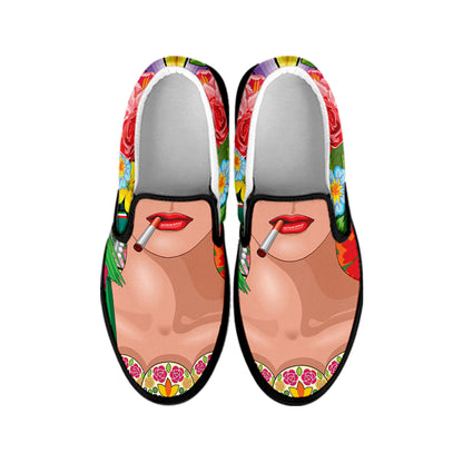 Frida Kahlo Serape Print Black Slip On Shoes