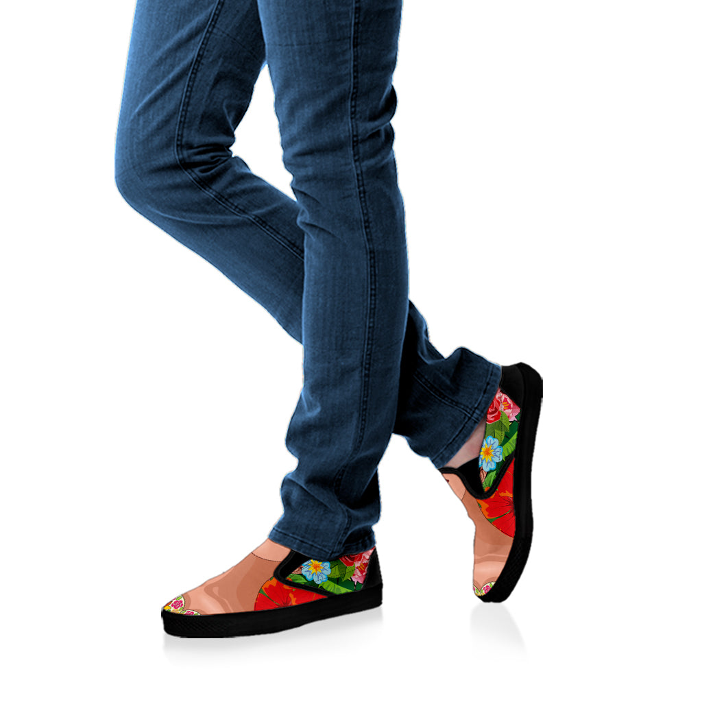 Frida Kahlo Serape Print Black Slip On Shoes