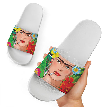 Frida Kahlo Serape Print White Slide Sandals