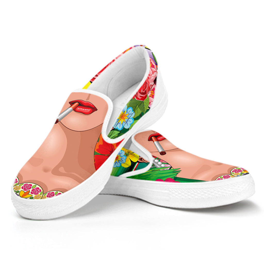 Frida Kahlo Serape Print White Slip On Shoes