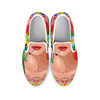 Frida Kahlo Serape Print White Slip On Shoes