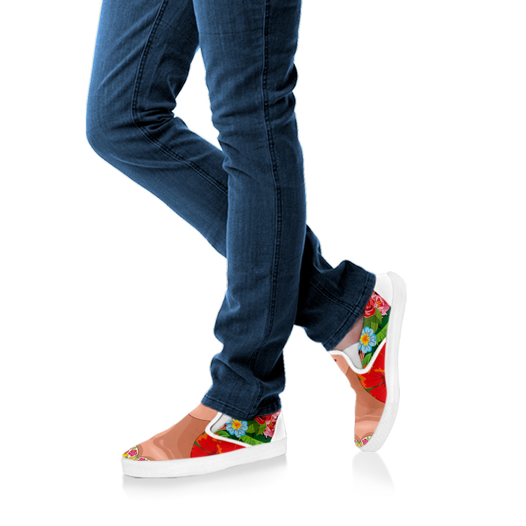 Frida Kahlo Serape Print White Slip On Shoes