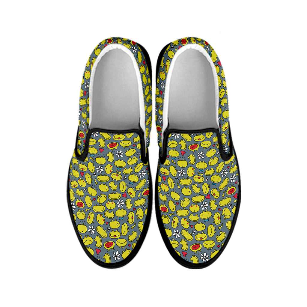 Frog Faces Pattern Print Black Slip On Shoes