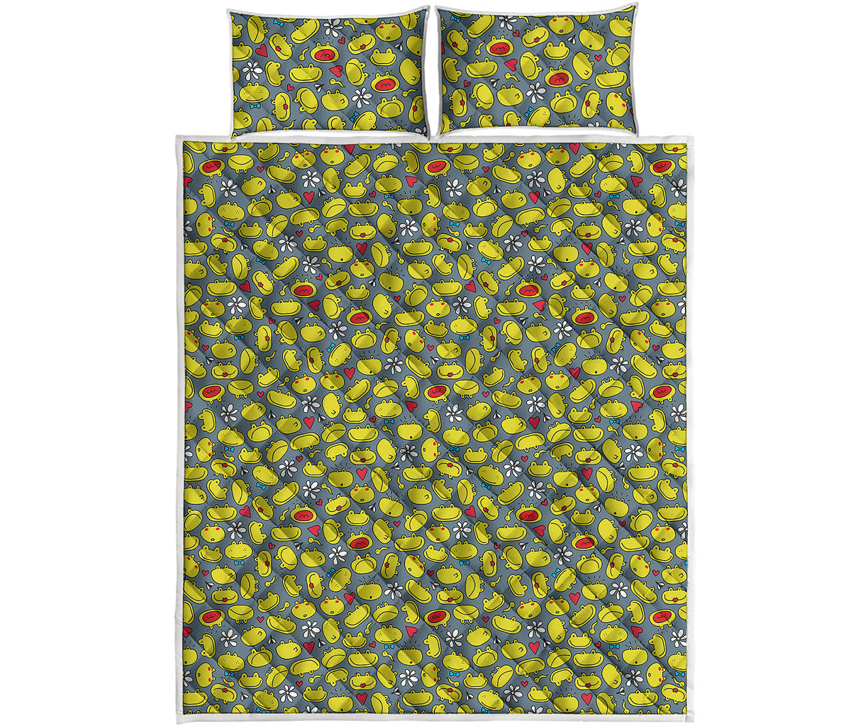 Frog Faces Pattern Print Quilt Bed Set