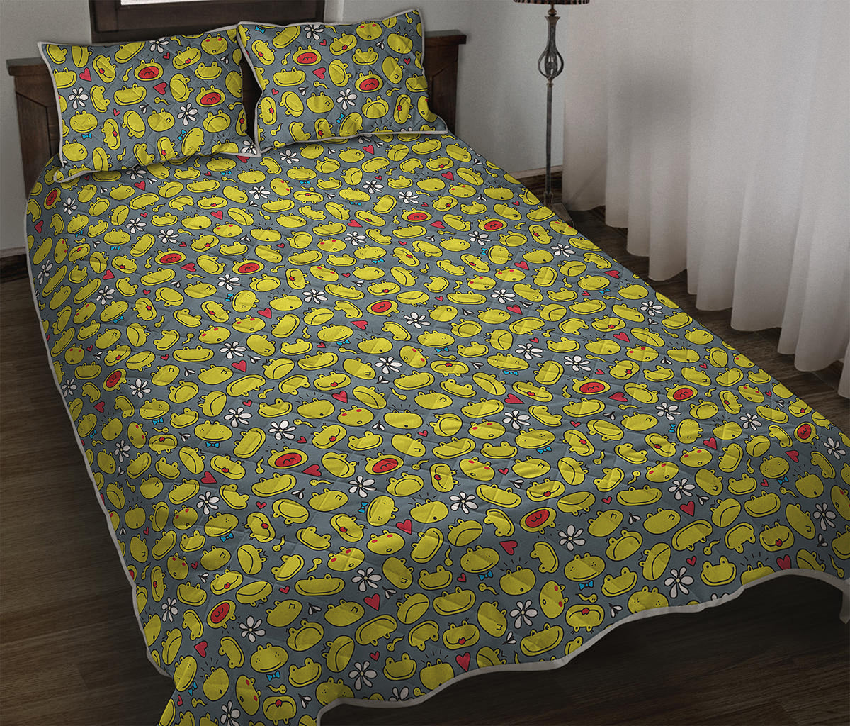 Frog Faces Pattern Print Quilt Bed Set