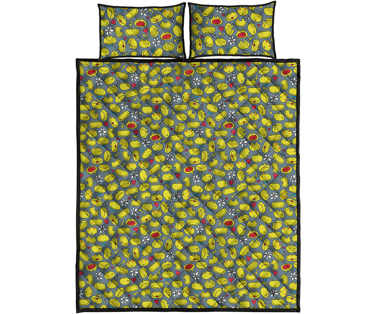Frog Faces Pattern Print Quilt Bed Set