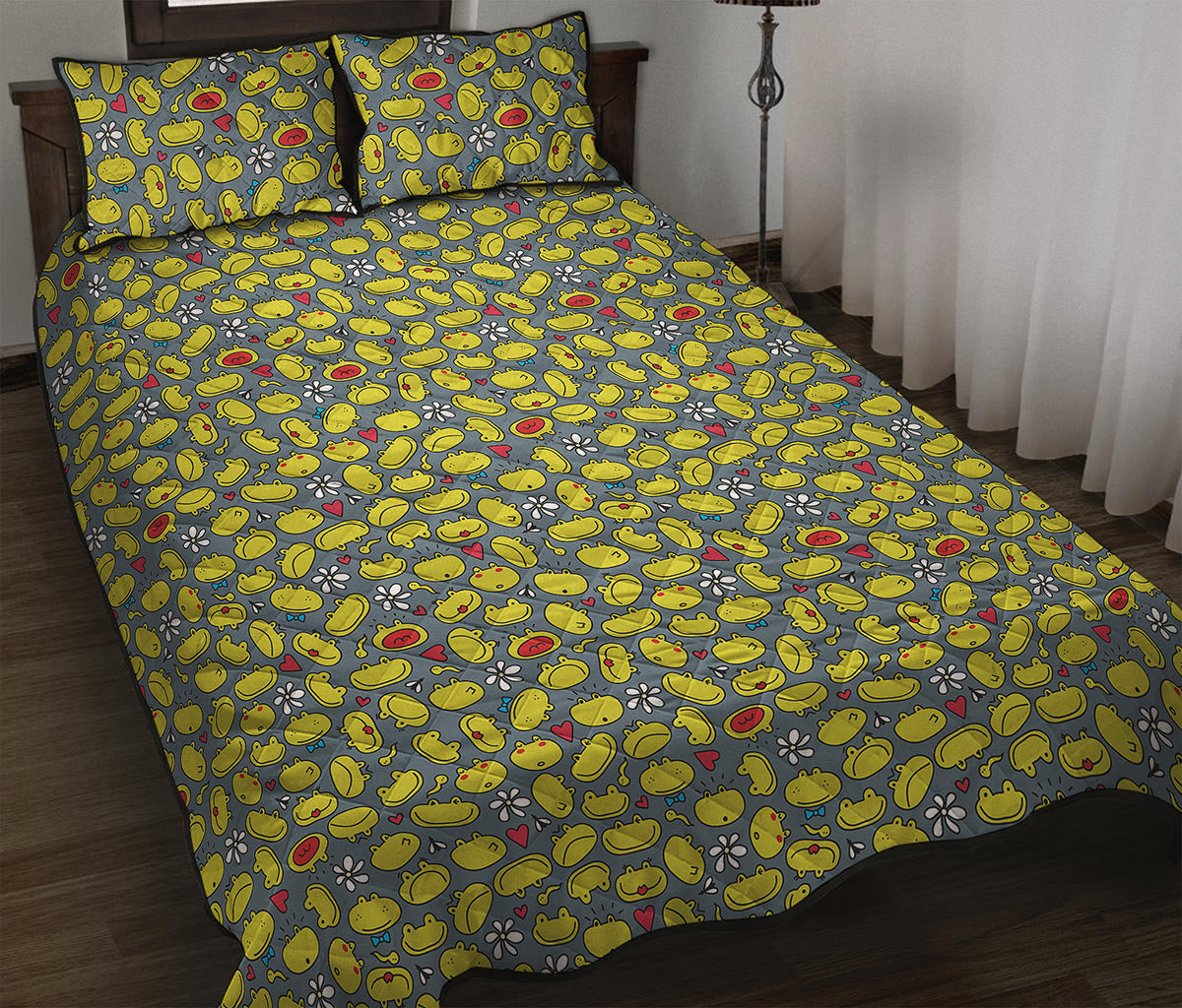 Frog Faces Pattern Print Quilt Bed Set