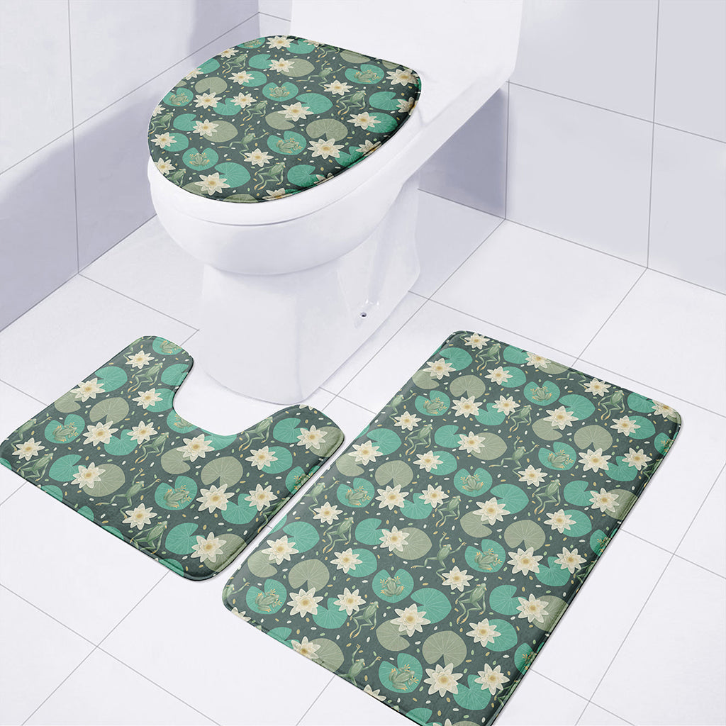 Frogs And Water Lilies Pattern Print 3 Piece Bath Mat Set