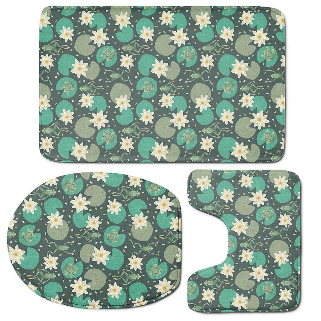 Frogs And Water Lilies Pattern Print 3 Piece Bath Mat Set