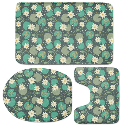 Frogs And Water Lilies Pattern Print 3 Piece Bath Mat Set