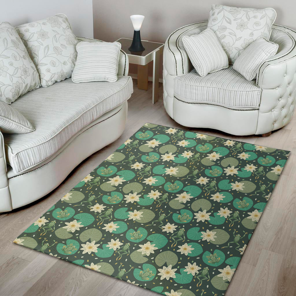 Frogs And Water Lilies Pattern Print Area Rug