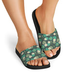 Frogs And Water Lilies Pattern Print Black Slide Sandals